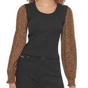New DKNY Jeans Black Ribbed Knit Leopard Print Sleeve Crop Top Women's Size M